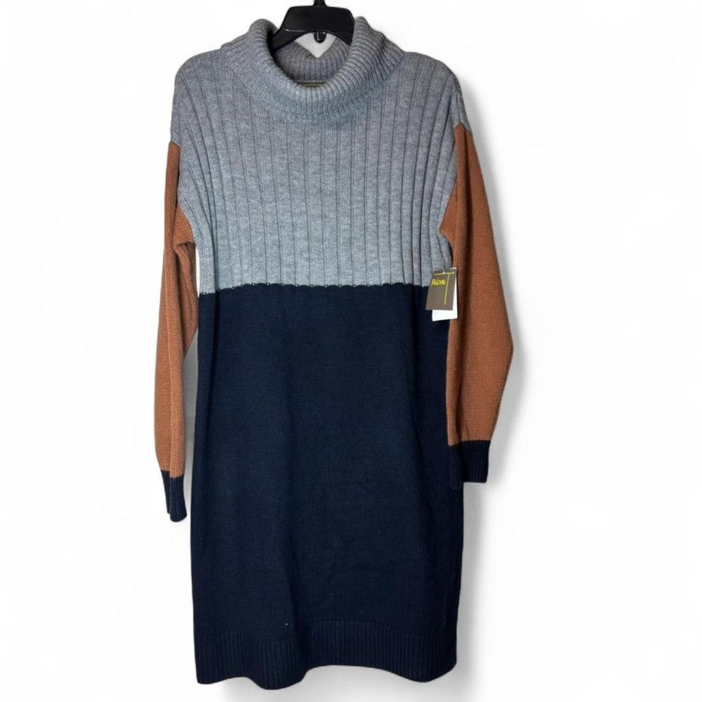 Melonie T Sweater Dress Women Large Navy Grey Colorblock Turtleneck Modest NWT